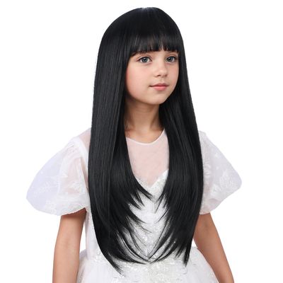 WAVELNM Kids Black Wig with Bangs Girls Natural Black Long Straight Wig Child Daily Halloween Party Cosplay Wigs