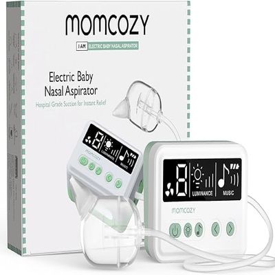 Momcozy Nasal Aspirator for Baby, Hospital-Grade 70 KPa Strong Suction & 9 Suction Levels Nose Sucker, Electric Nose Cleaner for Toddler & Newborn, Soothe Light & Lullabies, BPA Free Silicone Tips