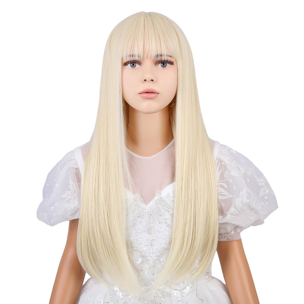 WAVELNM Light Blonde Wigs for Kids Girls Blond Wig with Bangs Long Straight Blonde Child Wig Daily Halloween Cosplay Synthetic Wigs
