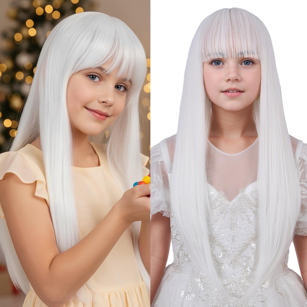 WAVELNM Kids White Wigs Child Long Straight White Wig with Bangs 22inch Long Wigs for Kids Girls Daily Halloween Party Cosplay Wig