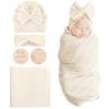 DRESHOW BQUBO Baby Swaddle Blankets for Girls, 4PCS Newborn Accessories Set with Matching Hat and Bow Headband with Hello World Wooden Birth Announcement Card view 1