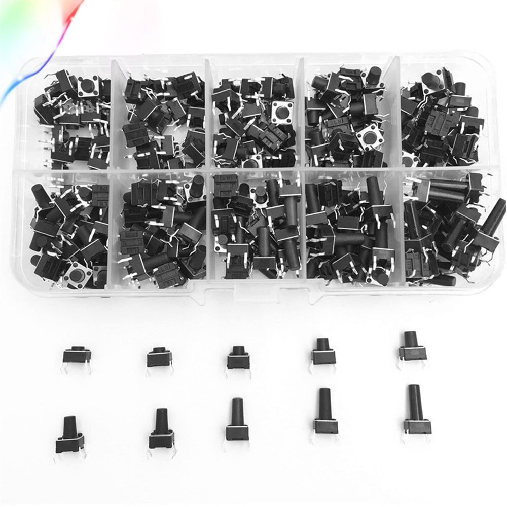 10 Models 100pcs 6 * 6 Tact Switch Tactile Push Button Switch Kit, Height: 4.3MM~13MM DIP 4P Micro Switch 6x6 Key Switch