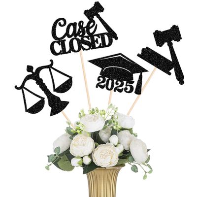12 Pack 2025 Graduation Centerpiece Sticks Assembled Glitter Class of 2025 Lawyer Cake Toppers Diploma Grad Cap Table Centerpiece Sticks for Law School Survivor 2025 Graduation Party Black