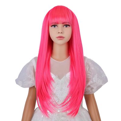 WAVELNM Neon Pink Wig Rose Red Long Straight Wigs with Bangs Magenta Wig for Girls Daily Halloween Party Cosplay