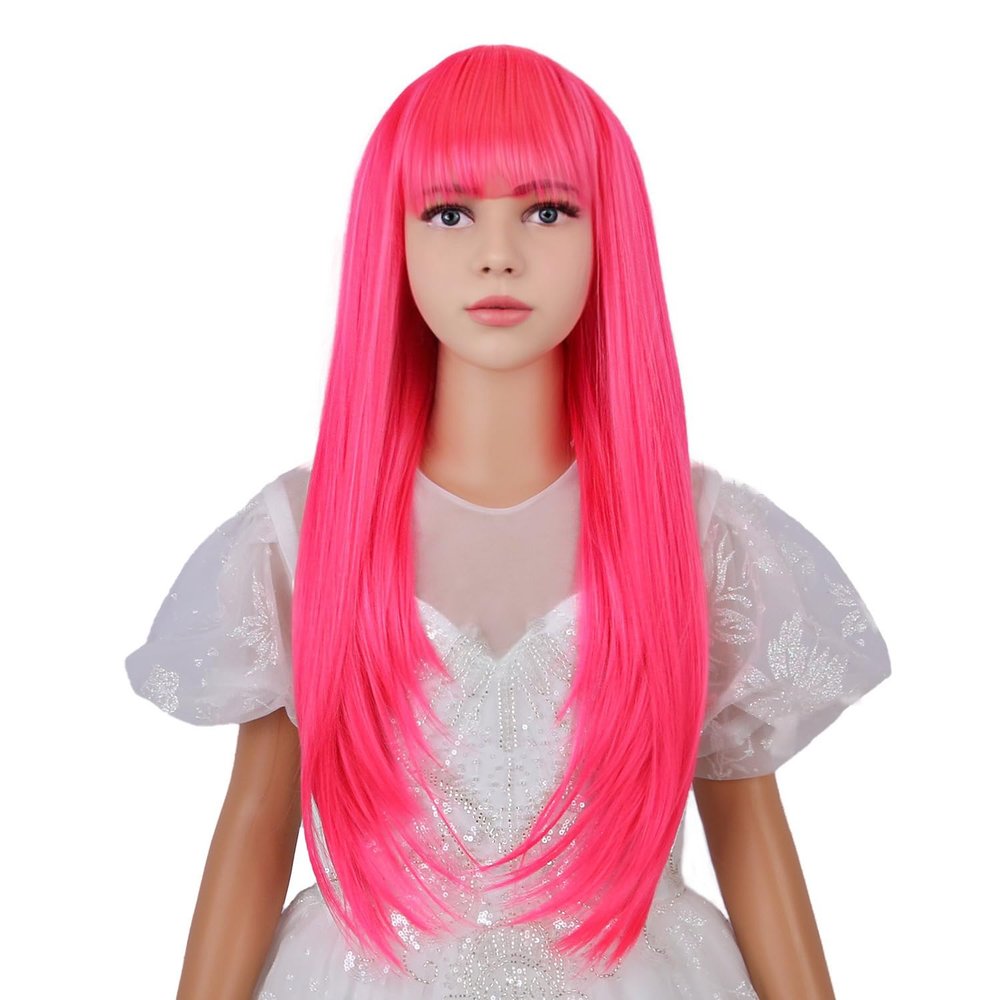 WAVELNM Neon Pink Wig Rose Red Long Straight Wigs with Bangs Magenta Wig for Girls Daily Halloween Party Cosplay