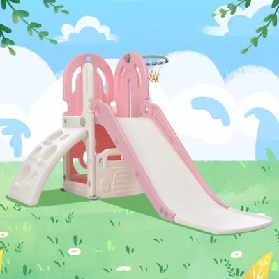 4 in 1 Slide, Toddler Climber and Slide Set, Kids Playground Climber Freestanding Slide Playset with Basketball Hoop Play Combination for Babies Indoor & Outdoor playset 3+ (Pink)