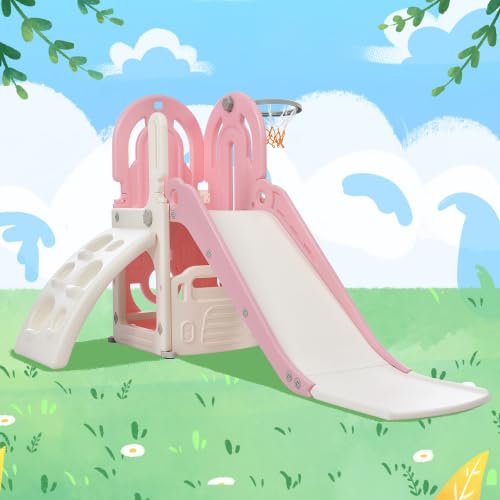 4 in 1 Slide, Toddler Climber and Slide Set, Kids Playground Climber Freestanding Slide Playset with Basketball Hoop Play Combination for Babies Indoor & Outdoor playset 3+ (Pink)