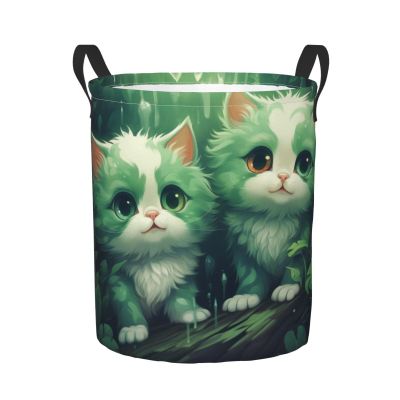 Foruidea Cute Cats Green Laundry Basket,Laundry Hamper,Collapsible Storage Bin, Oxford Fabric Clothes Baskets,Nursery Hamper For Home,Office,Dorm,Gift Basket