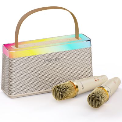 Qocum Karaoke Machine for Kids, Mini Karaoke Machine with 2 Wireless Microphones, Dual Speakers, RGB Dance Light, Voice Changer, TWS Mode, Perfect as Birthday Toy Gift for Kids Aged 4-12(Brown)