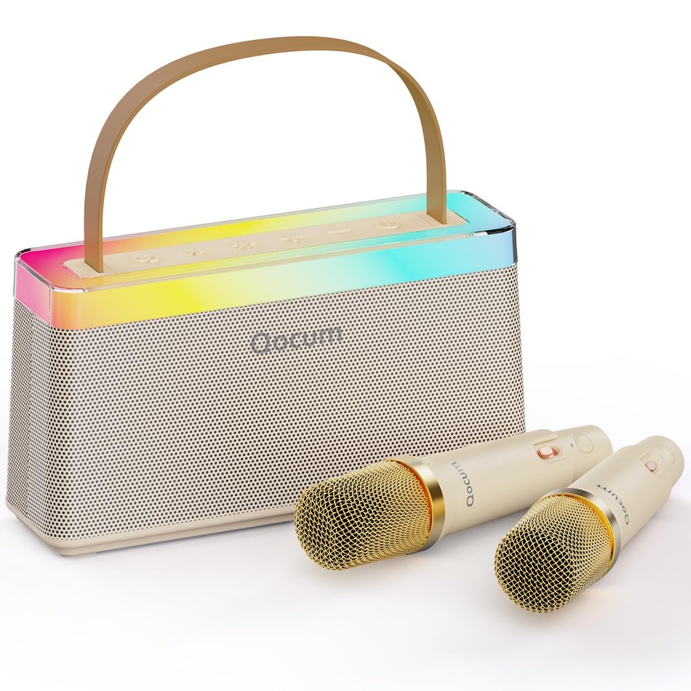 Qocum Karaoke Machine for Kids, Mini Karaoke Machine with 2 Wireless Microphones, Dual Speakers, RGB Dance Light, Voice Changer, TWS Mode, Perfect as Birthday Toy Gift for Kids Aged 4-12(Brown)