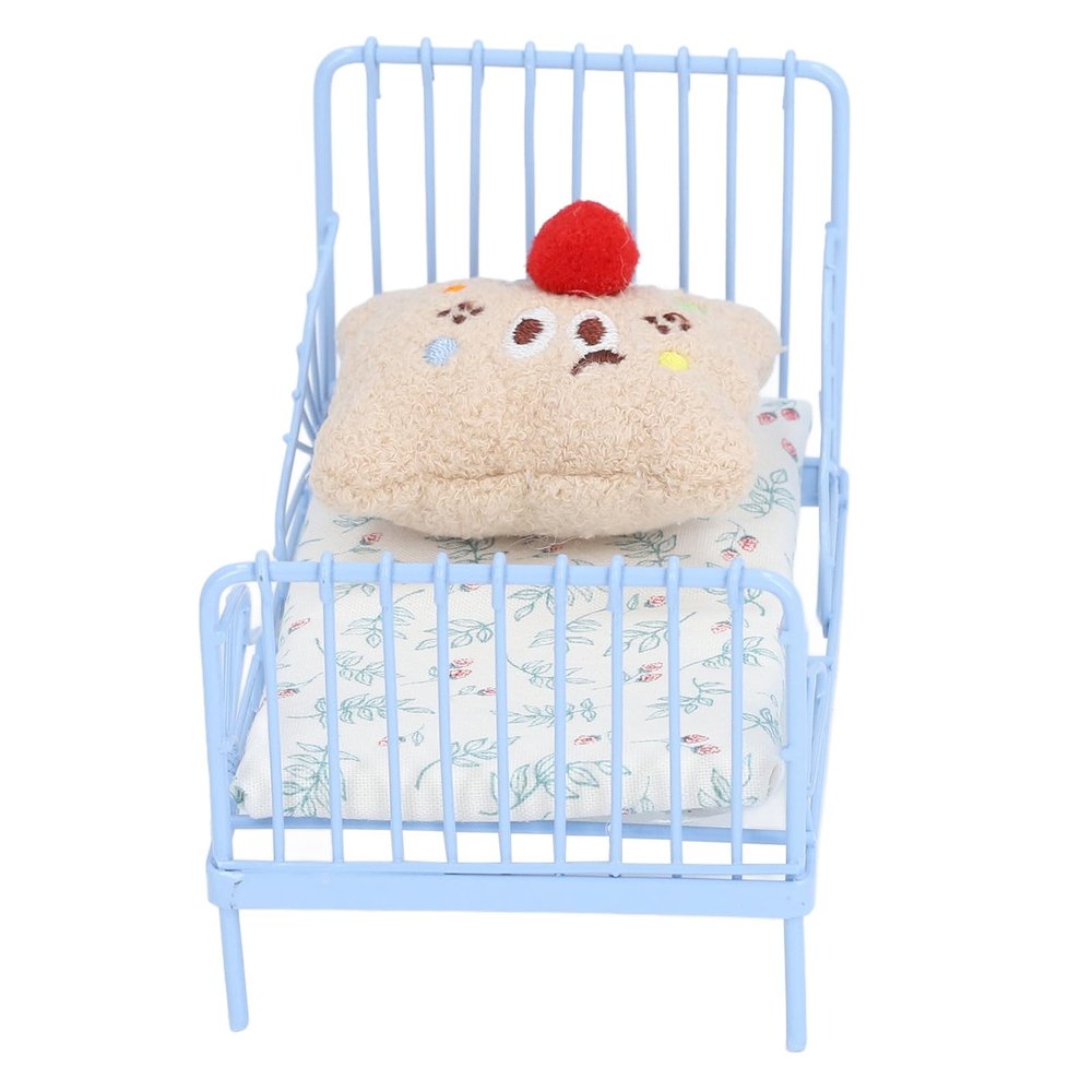 1:12 Scale Miniature Metal Dollhouse Bed European with Dollhouse Furniture Decor White for Role Playing Games (Blue Flower Pattern)