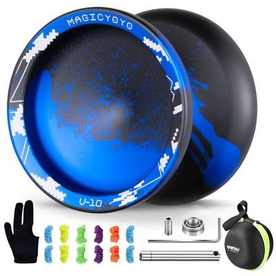 MAGICYOYO V10 Finger Spin Yoyo Professional Metal Trick Yoyo Responsive & Unresponsive Dual Purpose Yo Yo with Storage Case + Yo Yo Glove +12 Strings(Black Blue)