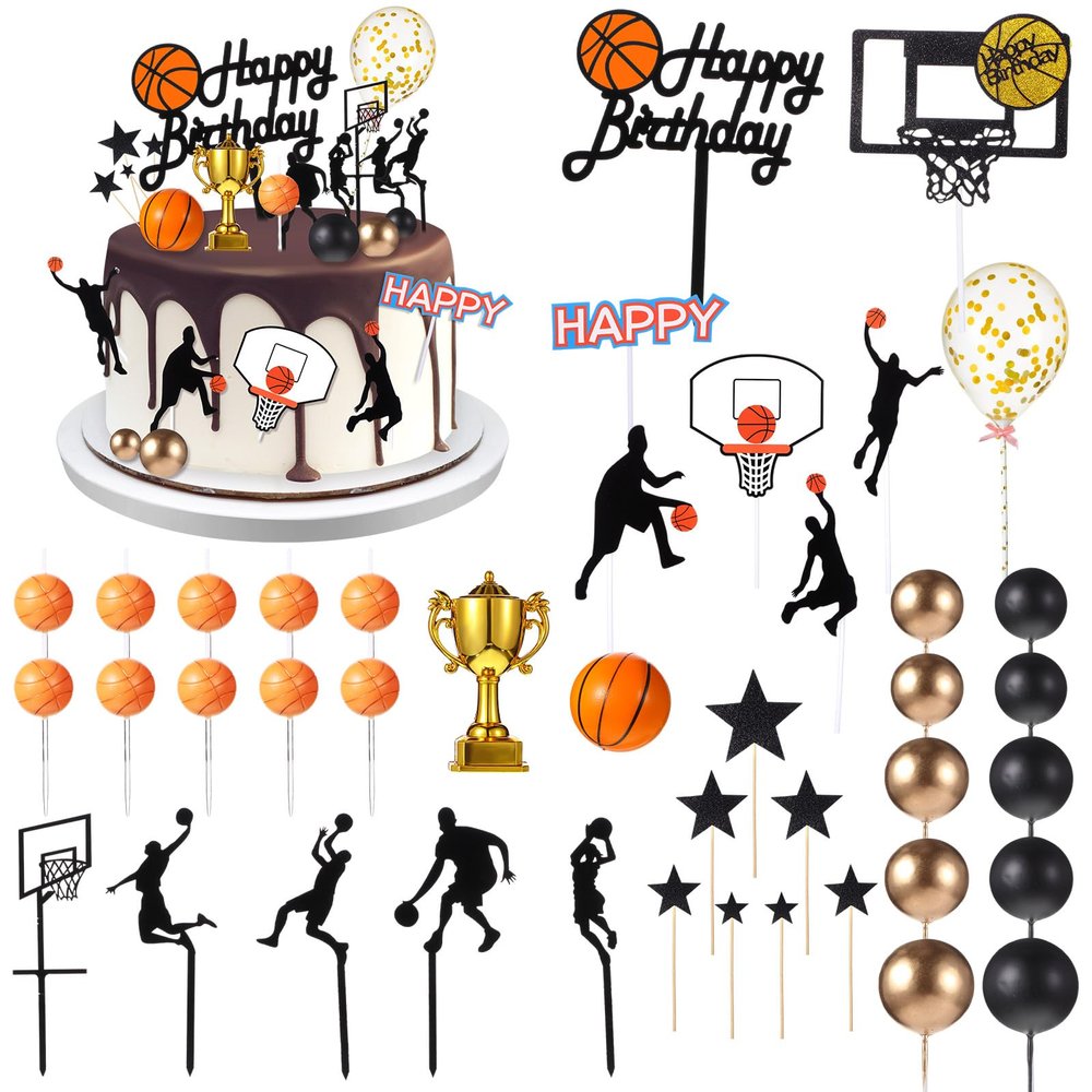 42 Pcs Basketball Cake Topper Decorations Happy Birthday Cake Topper Ball Candles Basketball Theme Party Birthday Baby Shower Decorations for Men Boys