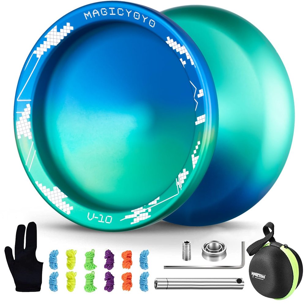 MAGICYOYO V10 Finger Spin Yoyo Professional Metal Trick Yoyo Responsive & Unresponsive Dual Purpose Yo Yo with Storage Case + Yo Yo Glove +12 Strings(Blue Green)