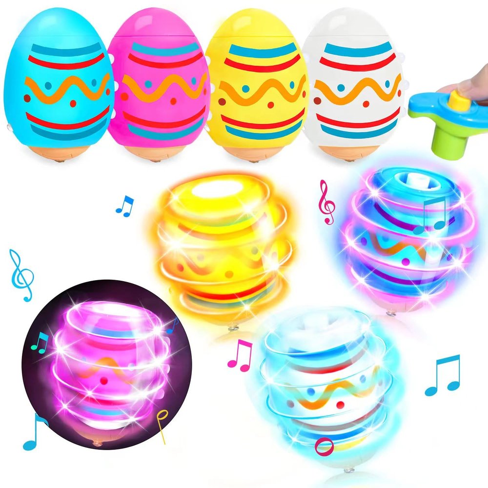 Easter Basket Stuffers for Kids-6 Packs Light Up Spinning Tops Toys with Music Easter Gifts Toys for Kids Toddlers Easter Eggs Fillers Easter Basket Essentials
