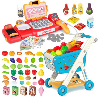 Yalujumb Kids Shopping Cart Trolley Play Set and Pretend Play Calculator Cash Register Toy with Pretend Food and Accessories,Perfect for Ages 3+ Pretend Play and Role-Playing Games