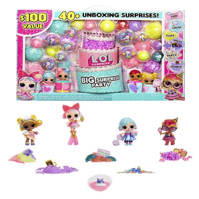 LOL Surprise Big Party With 4 Collectible Dolls, 40+ Surprises, 100 Value, 6 Unboxing Experiences, Fashions, Sand, Gel Crush, Shell Smash, Fluff, Party Confetti, Crunch Beads, Gift for Girls