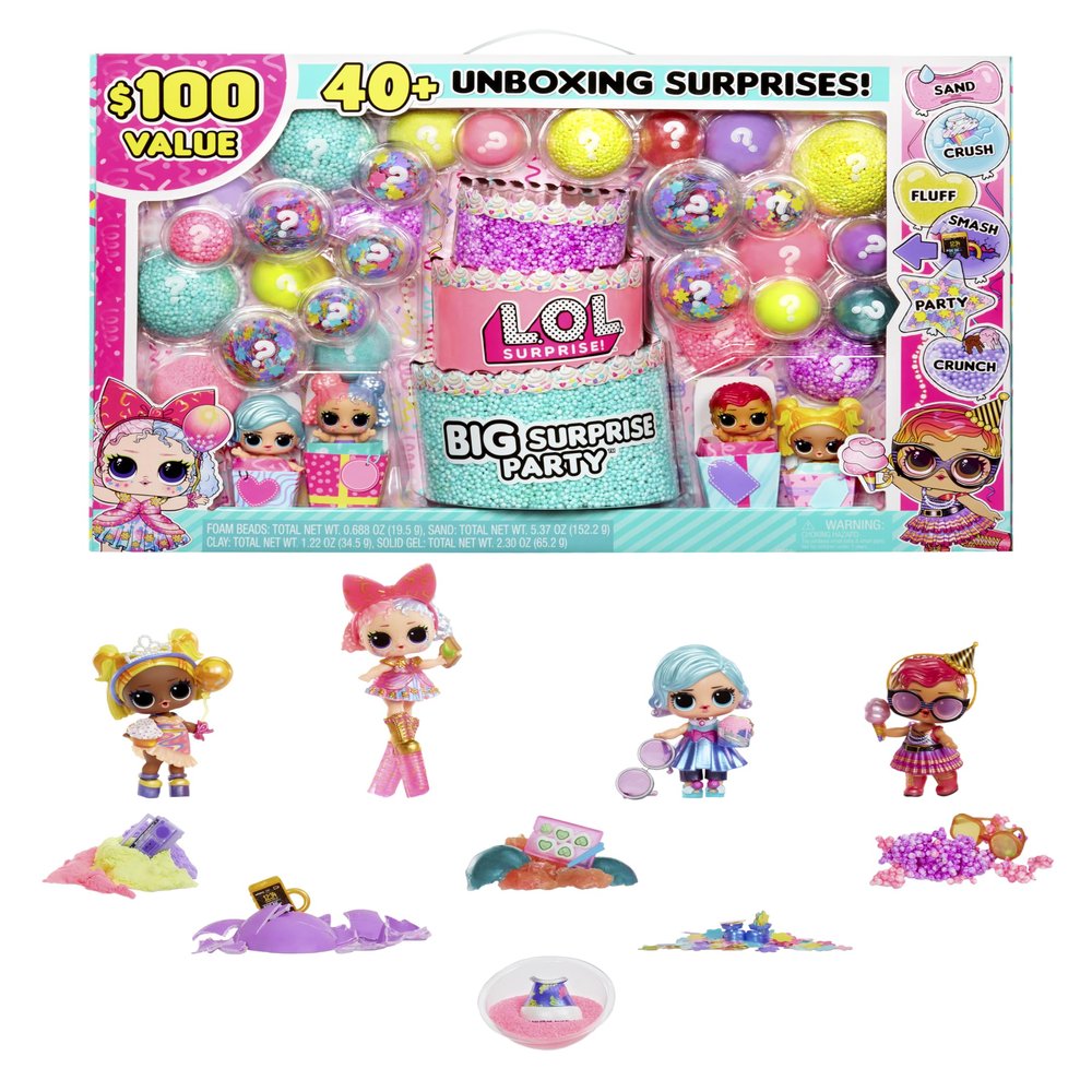 LOL Surprise Big Party With 4 Collectible Dolls, 40+ Surprises, 100 Value, 6 Unboxing Experiences, Fashions, Sand, Gel Crush, Shell Smash, Fluff, Party Confetti, Crunch Beads, Gift for Girls