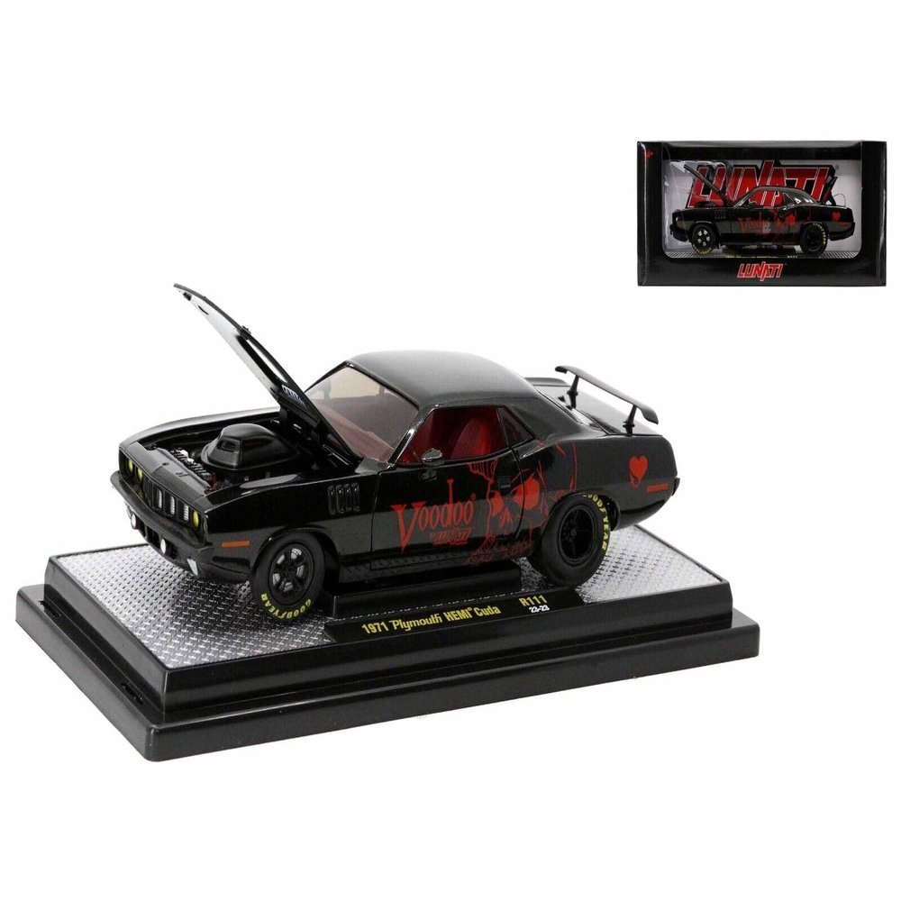 M2 1971 Plymouth Hemi Barracuda Black Metallic with Red Interior Voodoo by Lunati Limited Edition to 6650 Pieces Worldwide 1/24 Diecast Model Car 40300-111B