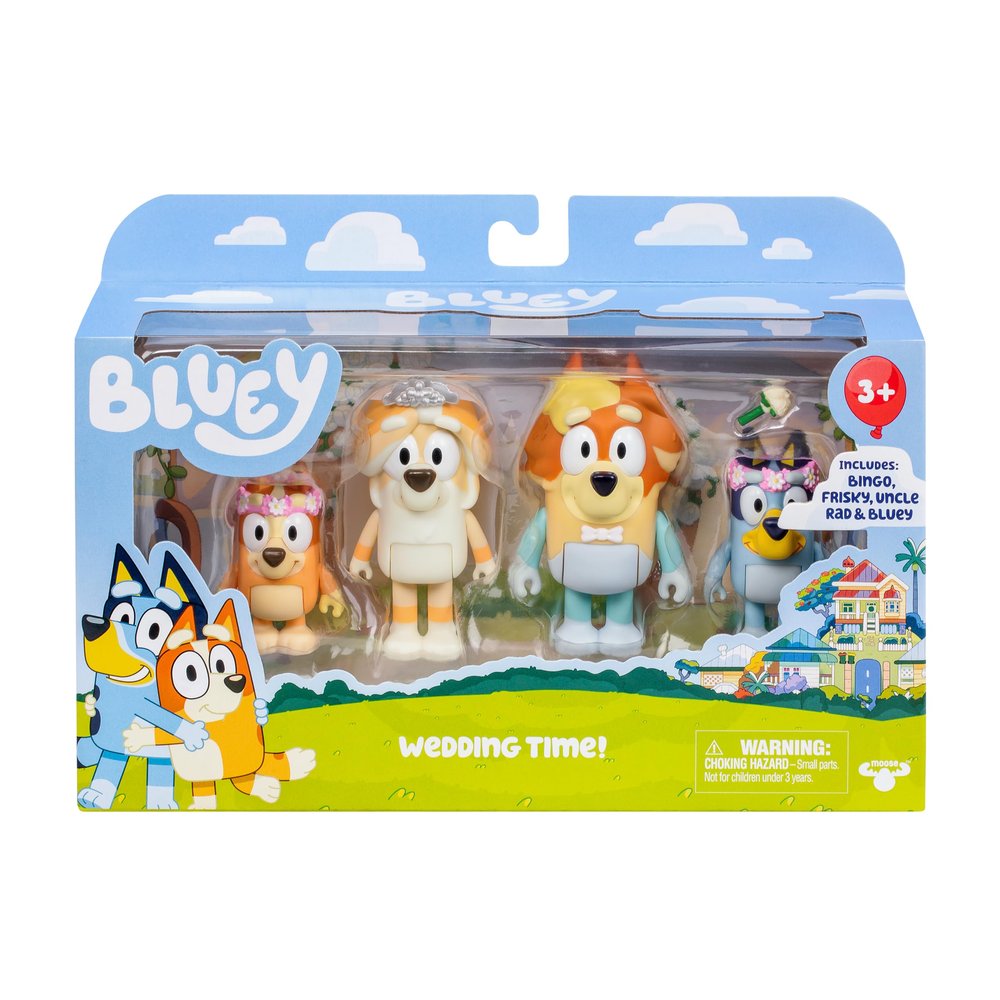 Bluey Wedding Figures Pack of 4, Articulated Character Toys with Uncle Rad, Frisky, and Flower Bingo Figurines, Action Figures for Kids Ages 3+