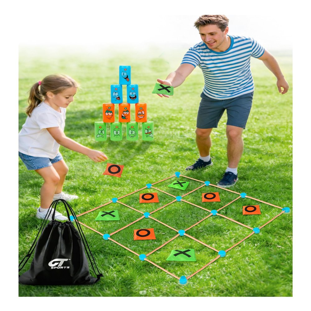 2-in-1 Giant Tic Tac Toe and Can Toss Game - Outdoor Games for Kids & Family, Backyard and Indoor Party Game Set with Bean Bags & Storage Bag