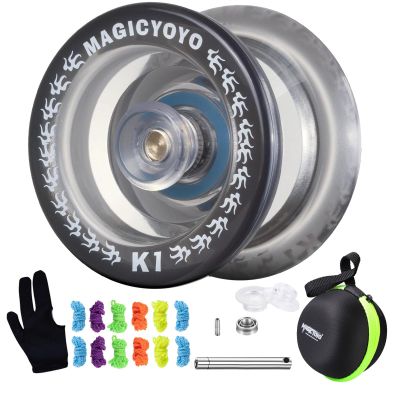 MAGICYOYO Responsive Yoyo K1 Tug Return Yoyo, Hubstacks Yoyo for Kids Beginners Dual Purpose Yoyo with Unresponsive Bearing, Sturdy Storage Bag + 12 Yoyo Strings +Yo-Yo Glove +2 Yoyo Hubstacks(Black)