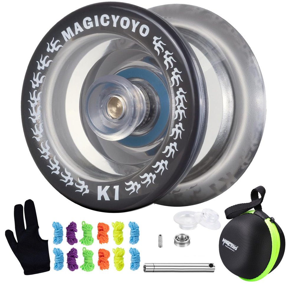 MAGICYOYO Responsive Yoyo K1 Tug Return Yoyo, Hubstacks Yoyo for Kids Beginners Dual Purpose Yoyo with Unresponsive Bearing, Sturdy Storage Bag + 12 Yoyo Strings +Yo-Yo Glove +2 Yoyo Hubstacks(Black)