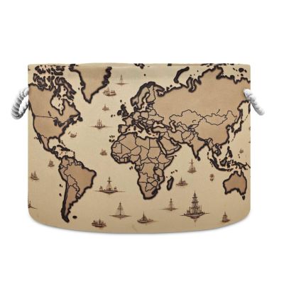 Wassud Brown World Map Round Canvas Fabric Storage Baskets with Handles, Storage Bins Stuffed Animal Storage Laundry Basket Toy Storage Basket for Clothes Towel Toys,20 x 14 Inches