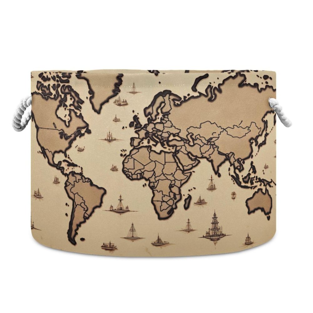 Wassud Brown World Map Round Canvas Fabric Storage Baskets with Handles, Storage Bins Stuffed Animal Storage Laundry Basket Toy Storage Basket for Clothes Towel Toys,20 x 14 Inches