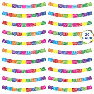 20 Pack Cinco De Mayo Banner, 360 FT Fiesta Banner Mexican Party Decorations Plastic Papel Picado Double Side Indoor Outdoor Home Yard String Flags Dia De Los Muertos Day of the Dead Hanging Decor