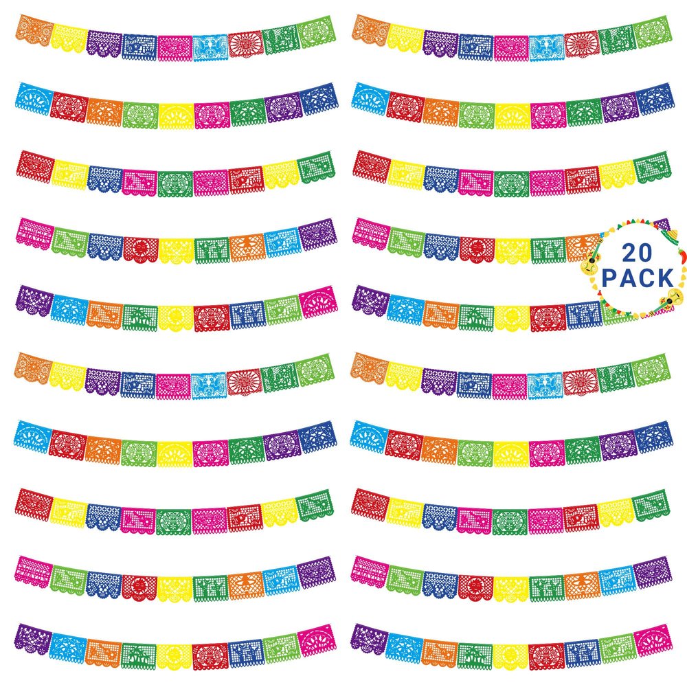 20 Pack Cinco De Mayo Banner, 360 FT Fiesta Banner Mexican Party Decorations Plastic Papel Picado Double Side Indoor Outdoor Home Yard String Flags Dia De Los Muertos Day of the Dead Hanging Decor