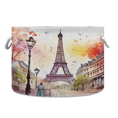 Wassud Watercolor Eiffel Tower Round Canvas Fabric Storage Baskets with Handles, Storage Bins Stuffed Animal Storage Laundry Basket Toy Storage Basket for Clothes Towel Toys,20 x 14 Inches