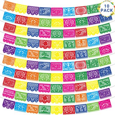 10 Pack Mexican Party Decorations, 180 FT Fiesta Banner Cinco De Mayo Party Banner Plastic Papel Picado Mexican Themed Party Banner Flags Colorful Indoor Outdoor Dia De Los Muertos Home Decor
