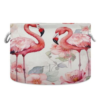 Wassud Flamingos in Flower Round Canvas Fabric Storage Baskets with Handles, Storage Bins Stuffed Animal Storage Laundry Basket for Clothes Towel blankets,20 x 14 Inches