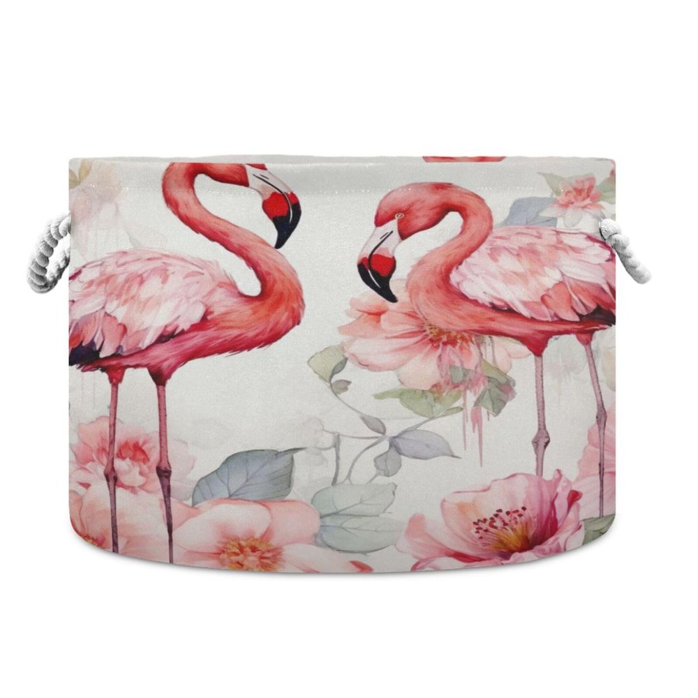Wassud Flamingos in Flower Round Canvas Fabric Storage Baskets with Handles, Storage Bins Stuffed Animal Storage Laundry Basket for Clothes Towel blankets,20 x 14 Inches