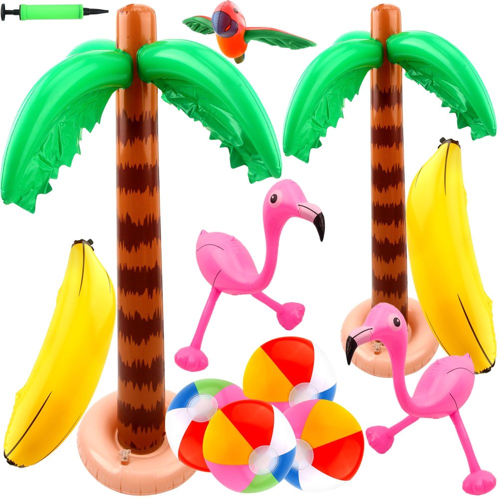 Cotiny 12 Pack Tropical Inflatable Palm Tree, Flamingo, Beach Ball, Parrot, Banana for Beach, Pool, Backyard Party Decor