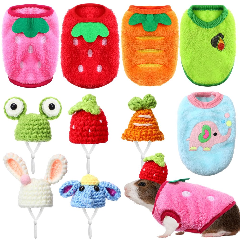 Clysee 10 Pcs Guinea Pig Clothes, 5 Guinea Pig Costume Outfit, 5 Mini Hat with Adjustable Strap Small Animal Warm Vest Sweater Cozy Hand Knitted Hat for Hamster Bunny (Fresh Style)