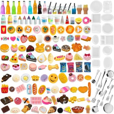 150Pcs Miniature Food Drinks Bottle Toys Mixed for Dollhouse Kitchen Accessories Mini Play Fake Resin Pretend Game Party Tableware 1/12 Doll House Bread Cake Models Micro