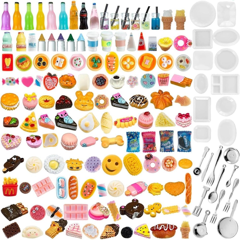 150Pcs Miniature Food Drinks Bottle Toys Mixed for Dollhouse Kitchen Accessories Mini Play Fake Resin Pretend Game Party Tableware 1/12 Doll House Bread Cake Models Micro