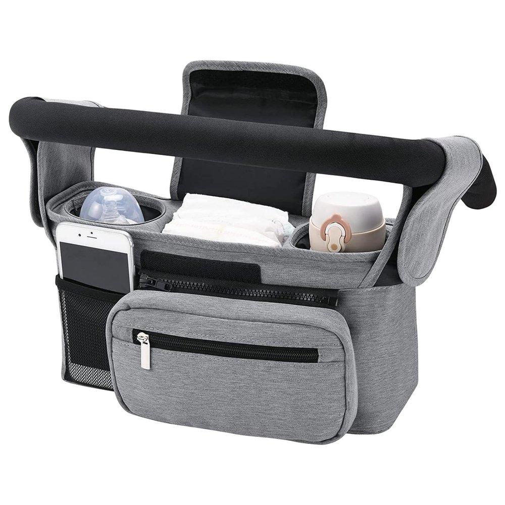 jyibinee Jogging Stroller Organizer, Multifunctional Baby Oxford Cloth Stroller Organizer Bag, Detachable Zipper Phone Pouch for Outdoor Grey