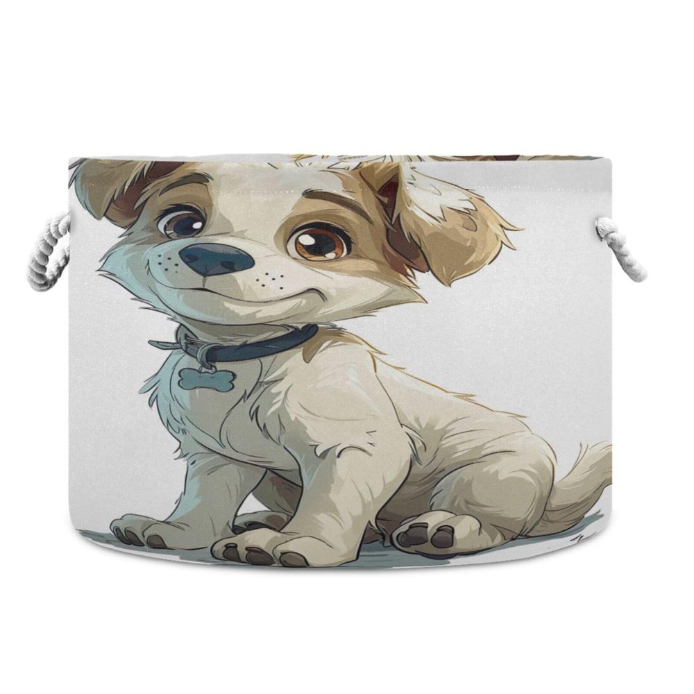 Wassud Smile Dog Round Canvas Fabric Storage Baskets with Handles, Storage Bins Stuffed Animal Storage Laundry Basket for Clothes Towel blankets,20 x 14 Inches