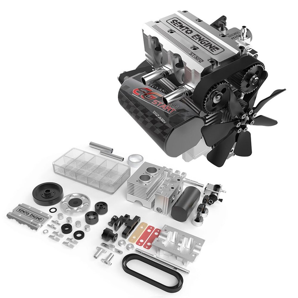 ClearEdge SEMTO Engine ST-NF2 Mini Engine Model Kit That Works, DIY Assembly Double-Cylinder 4-Stroke Metal Engine for Adults, Build Your Own SEMTO L2 Engine-Silver