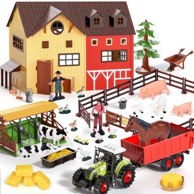Pupu Pig Farm Animals Barn House Toys - Kids Tractor Toy with Lights & Sound, Horse Stable, Cowshed, Chicken Fence, Animal, Farm Accessories, Easter Birthday Gifts for Boys Toddlers Ages 3+