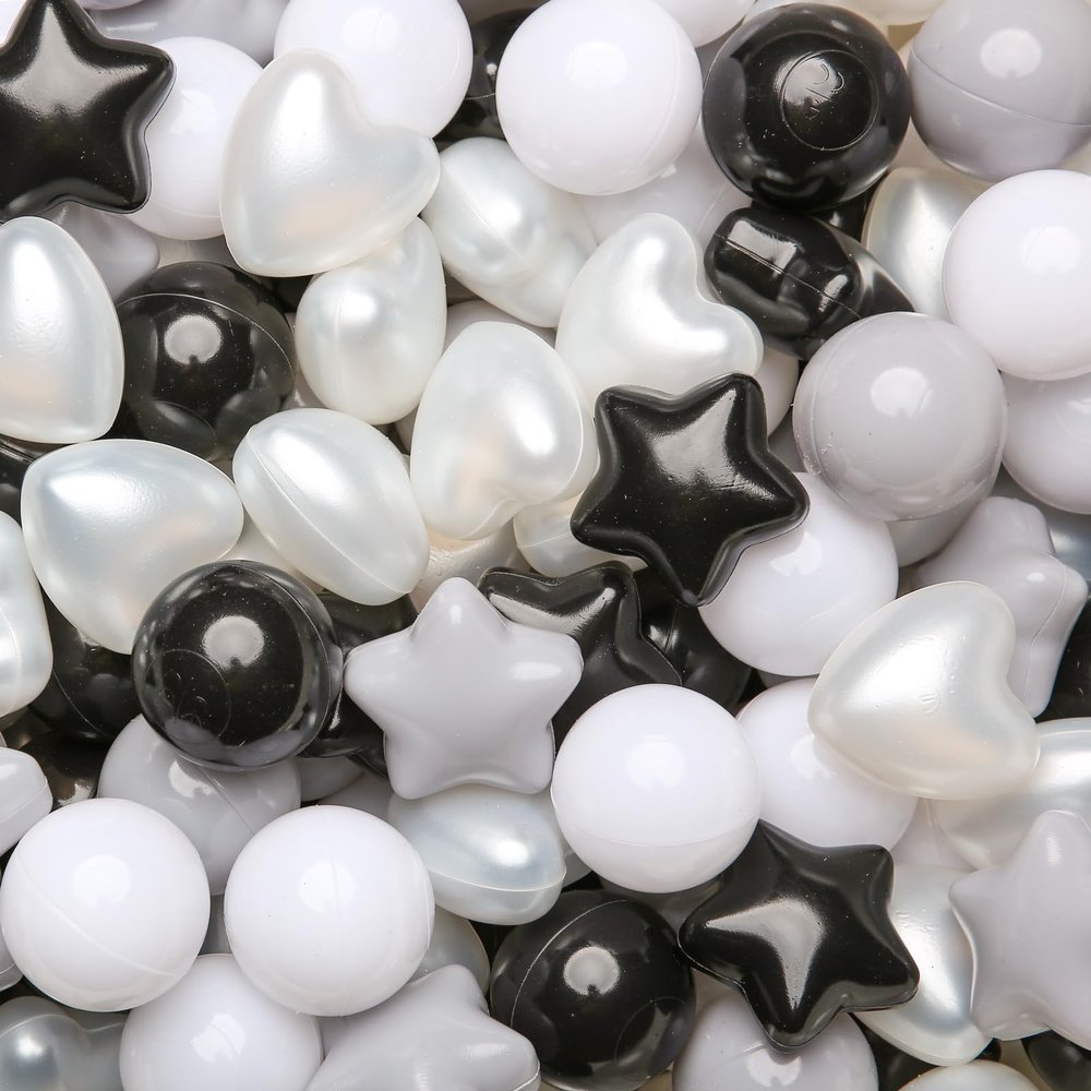 GOGOSO Ball Pit Balls,Plastics Balls for Ball Pit, Stars Hearts Shape for PastelBall for Toddlers Kids, Black+Gray+Pearl White,200pcs