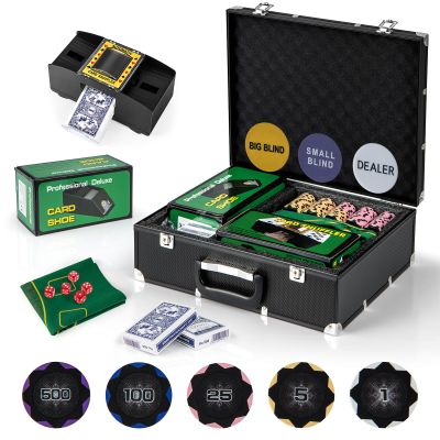GYMAX Poker Chips Set, 300 PCS Texas Hold 'em Casino Chip Set w/Carrying Case, 6 Decks of Cards, 5 Dices & 3 Dealer Buttons, Poker Felt, Card Shuffler, Card Shoe, for Blackjack Gambling