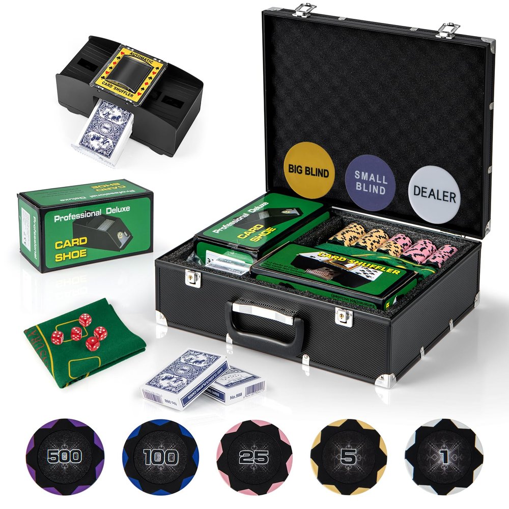 GYMAX Poker Chips Set, 300 PCS Texas Hold 'em Casino Chip Set w/Carrying Case, 6 Decks of Cards, 5 Dices & 3 Dealer Buttons, Poker Felt, Card Shuffler, Card Shoe, for Blackjack Gambling