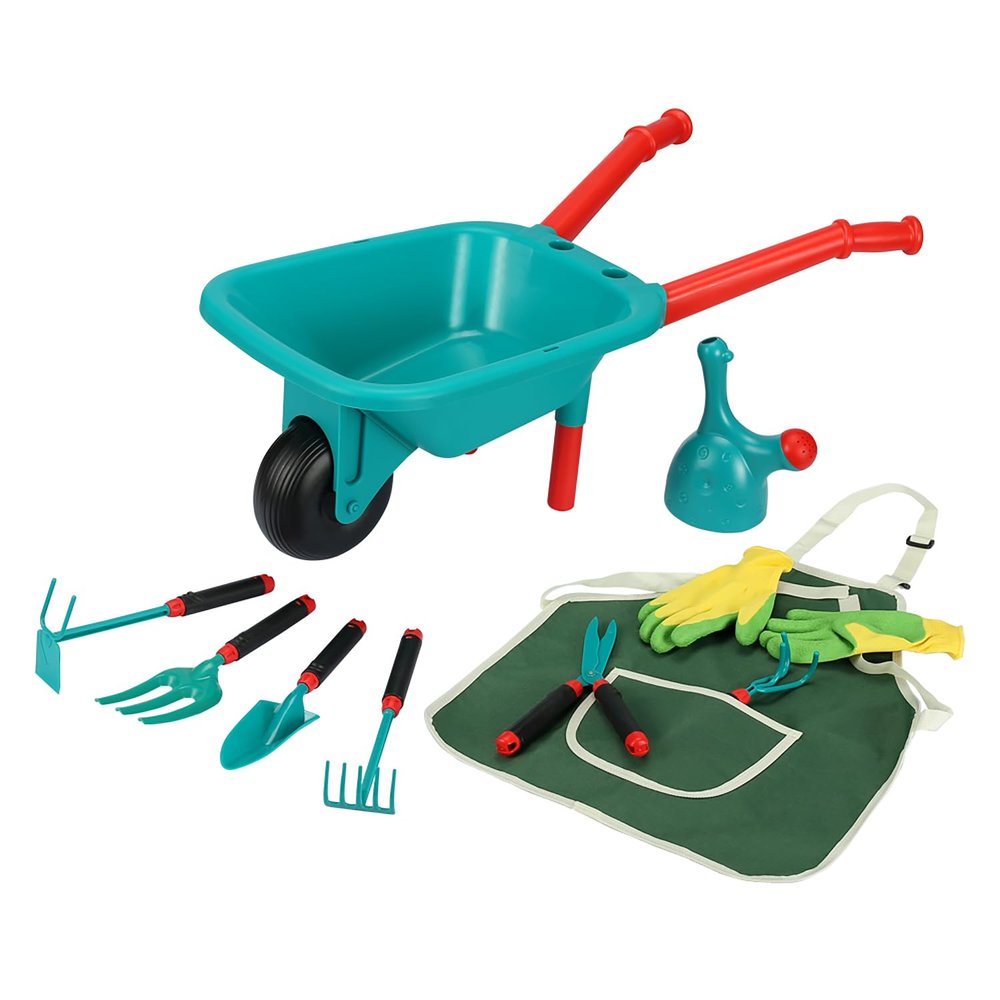Kids Gardening Set, Includes Wheelbarrow, Watering Can,Gardening Gloves, Gardening Pruner, Hand Rake, Double Hoe, Shovel, Apron with Pocket, Outdoor Indoor Toddler Gardening Tools Set