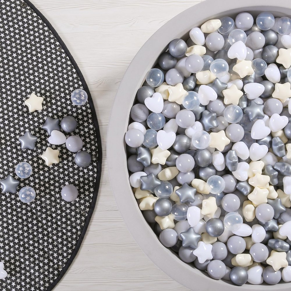 GOGOSO Ball Pit Balls,Plastics Balls for Ball Pit, Stars Hearts Shape for PastelBall for Toddlers Kids, Star+Heart Balls,Cream+Pearl Gray+Gray,100pcs