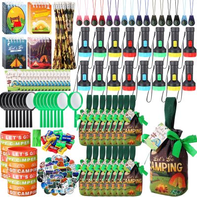 Chivertion 195 Pcs Camping Party Favors Gifts Canvas Gift Bag Magnifier Notebook Pencil Sharpener silicone Bracelets Mini Compass Flashlight Keychains Stickers Camping Tag For Adventure Birthday