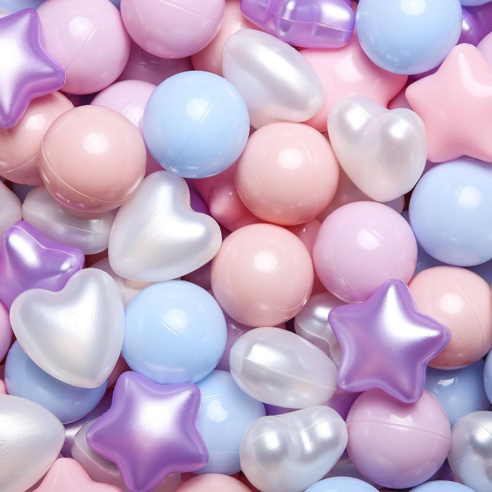 GOGOSO Ball Pit Balls,Plastics Balls for Ball Pit, Stars Hearts Shape for PastelBall for Toddlers Kids, Star+Heart Balls,Pearl Pink+Blue+Purple,100pcs
